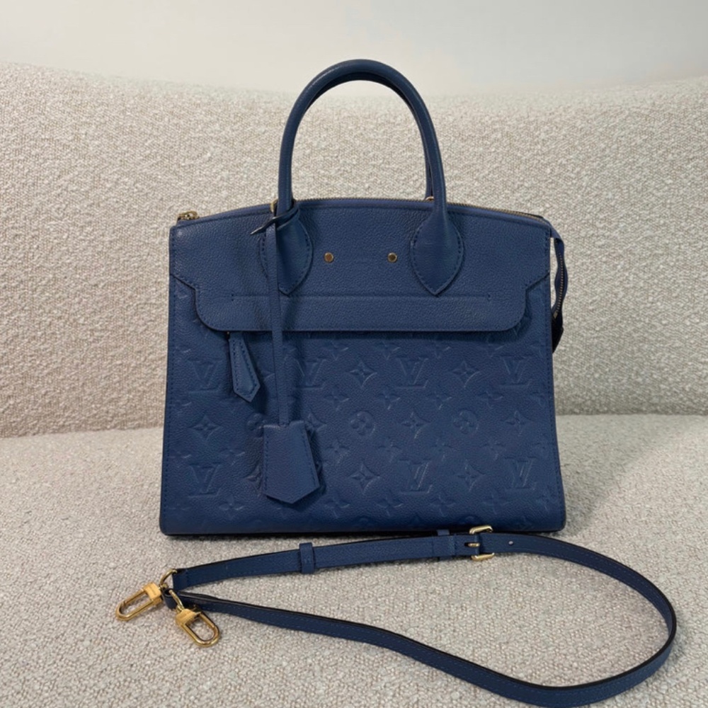 Authentic Louis Vuitton Pont Neuf MM Denim Empreinte Leather